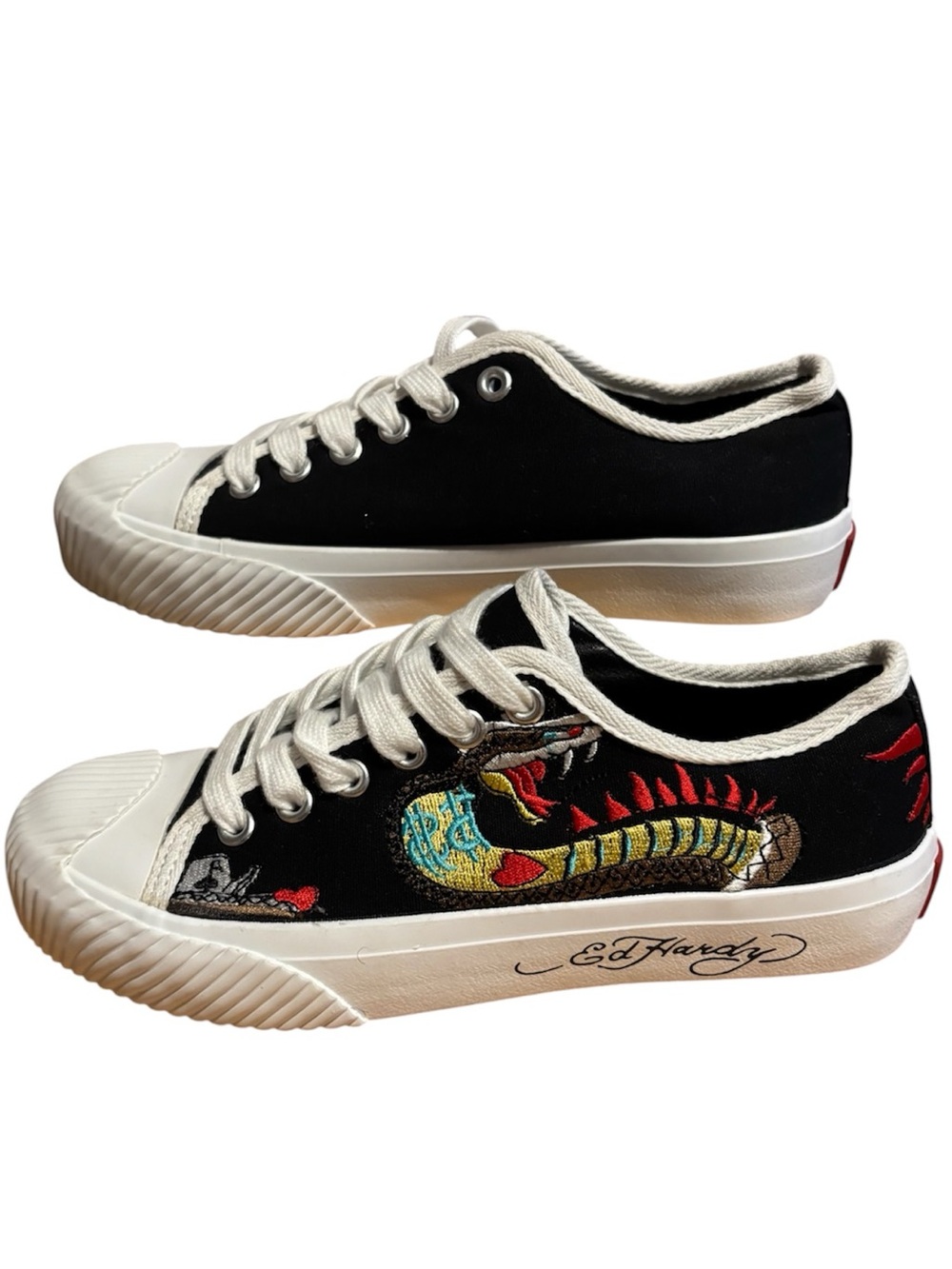 🐍 Ed Hardy Elexis  Black Embroidered Canvas Low-Top Sneakers Women’s Size 7.5🐍